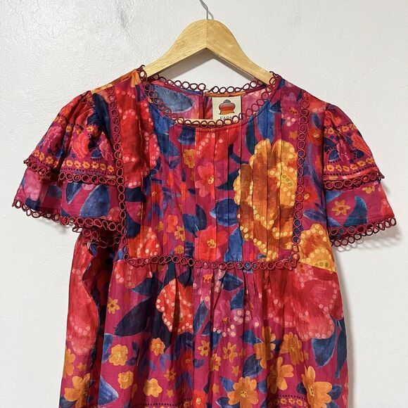 Farm Rio Floral Dream Lightweight Semi Sheer Top Size M Red Tropical Summer NEW - Picture 5 of 12